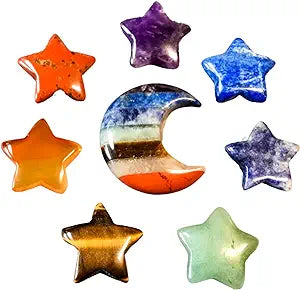 7 Chakra Balancing Moon and Stars High Energy Pocket Palm Healing Crystals Carvings with Premium Storage Bag & Info Card, Reiki Enhanced