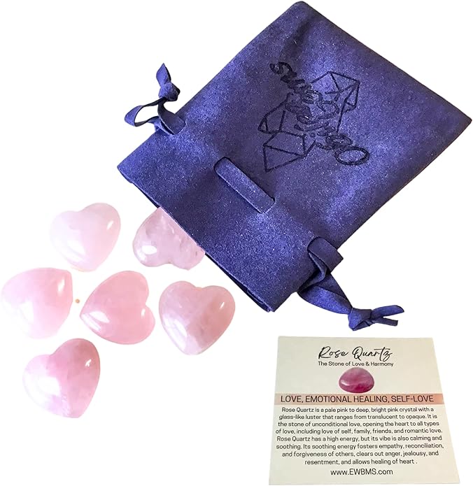 Rose Quartz 1 Inch Hearts, Set of 6 Heart Chakra Healing Crystals, High Energy Pocket Palm Stones with Info Card, Premium Drawstring Storage/Travel Bag & Display Case, Reiki Enhanced