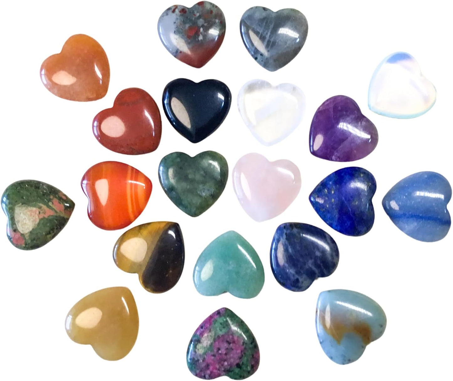 Heart Shaped Healing Crystals Set of 20 Unique GemstoneTypes HIgh Energy Chakra Balancing Palm Pocket Stones with Info Card, Premium Pouch and Display Frame, Reiki Enhanced