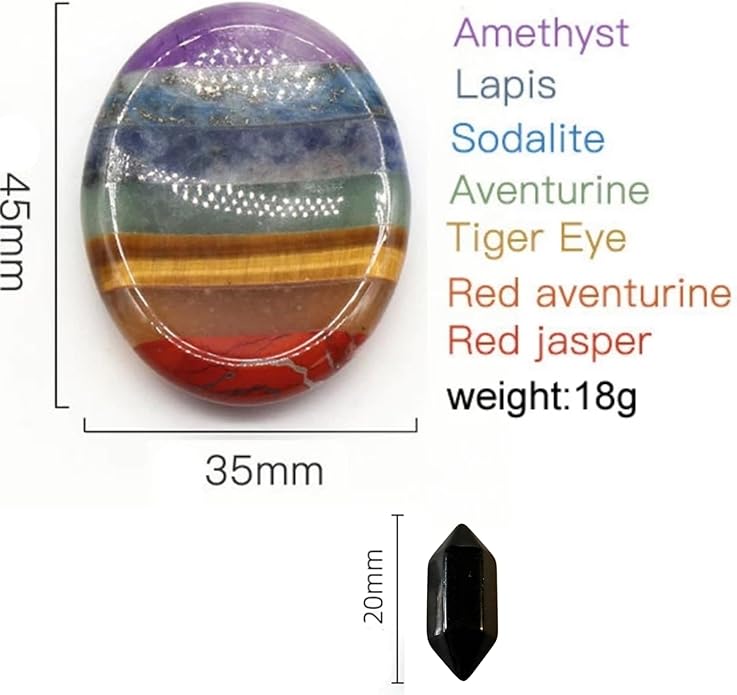 Anxiety & Stress Relief Worry Stone Set with Amplifying & Grounding Double Points, 7 Chakra Healing Crystal, Chakra Balancing and Meditation Stone with Premium Storage Bag, Reiki Enhanced