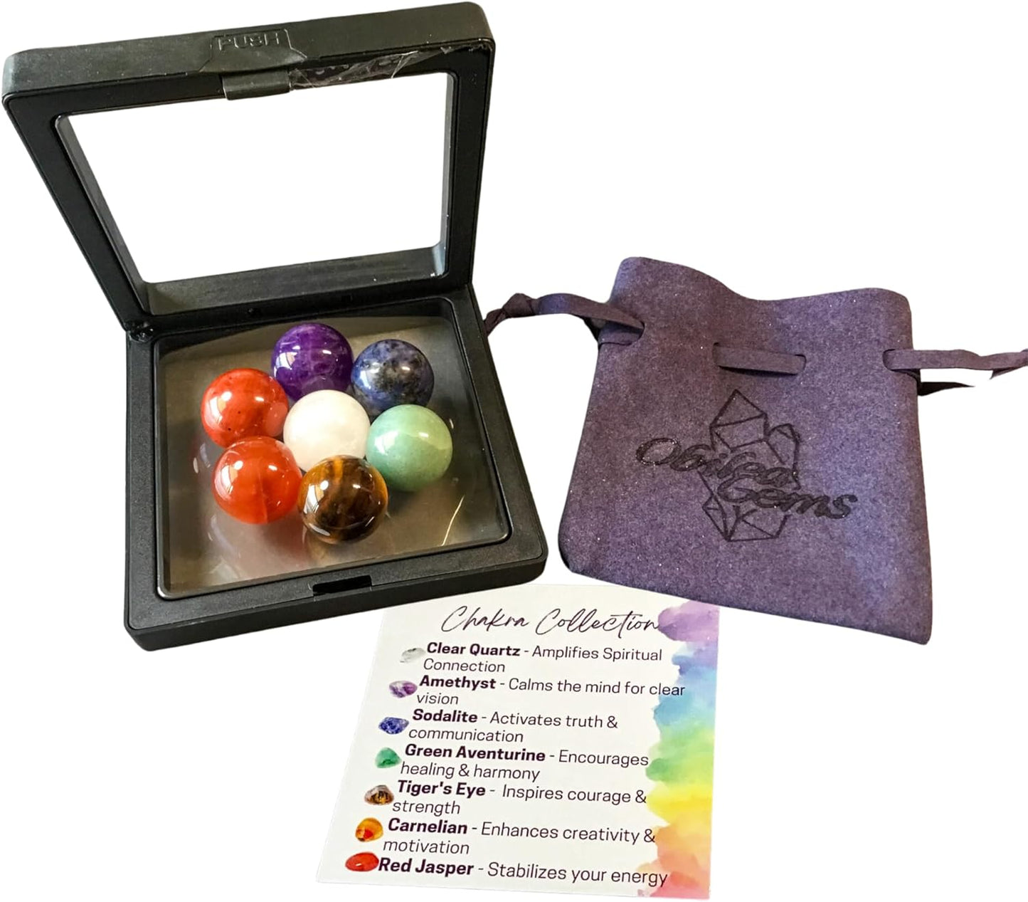 7 Chakra Gemstone Spheres 0.8 Inch (20mm) High Energy Palm Pocket Healing Crystal Ball Carvings with Premium Storage/Travel Bag & Information Card, Reiki Enhanced