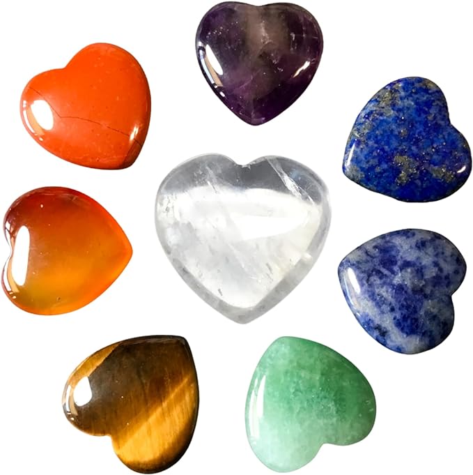 7 Chakra Crystal Hearts Plus Clear Quartz Amplifier Heart, High Energy Pocket Palm Healing Crystals Carvings with Premium Storage Bag & Info Card, Reiki Enhanced