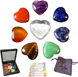 7 Chakra Crystal Hearts Plus Clear Quartz Amplifier Heart, High Energy Pocket Palm Healing Crystals Carvings with Premium Storage Bag & Info Card, Reiki Enhanced