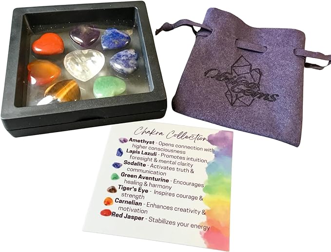 7 Chakra Crystal Hearts Plus Clear Quartz Amplifier Heart, High Energy Pocket Palm Healing Crystals Carvings with Premium Storage Bag & Info Card, Reiki Enhanced