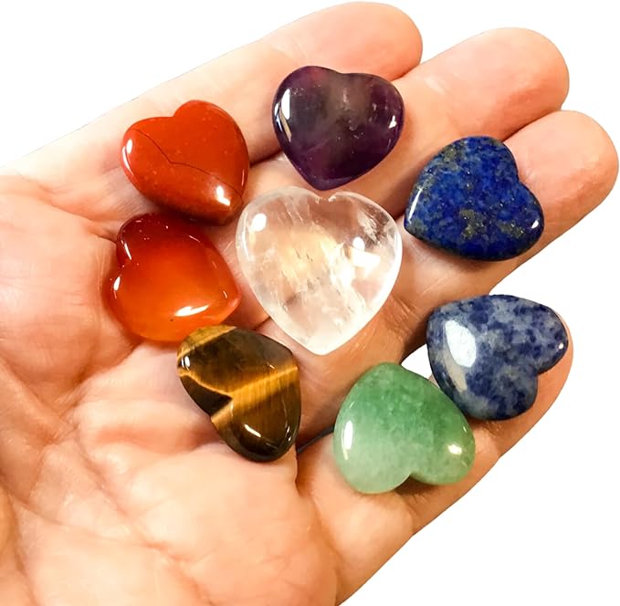 7 Chakra Crystal Hearts Plus Clear Quartz Amplifier Heart, High Energy Pocket Palm Healing Crystals Carvings with Premium Storage Bag & Info Card, Reiki Enhanced