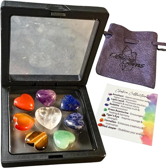 7 Chakra Crystal Hearts Plus Clear Quartz Amplifier Heart, High Energy Pocket Palm Healing Crystals Carvings with Premium Storage Bag & Info Card, Reiki Enhanced