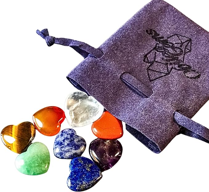 7 Chakra Crystal Hearts Plus Clear Quartz Amplifier Heart, High Energy Pocket Palm Healing Crystals Carvings with Premium Storage Bag & Info Card, Reiki Enhanced