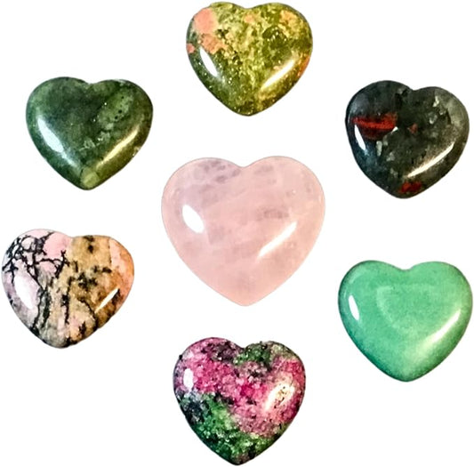 Heart Chakra Crystal Hearts, Set of 7 Heart Chakra Aligned Healing Crystals, High Energy Pocket Palm Stones with Premium Drawstring Storage/Travel Bag & Info Card, Reiki Enhanced