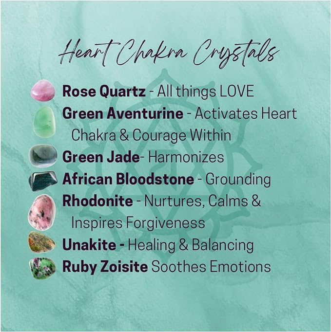 Heart Chakra Crystal Hearts, Set of 7 Heart Chakra Aligned Healing Crystals, High Energy Pocket Palm Stones with Premium Drawstring Storage/Travel Bag & Info Card, Reiki Enhanced