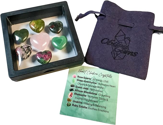 Heart Chakra Crystal Hearts, Set of 7 Heart Chakra Aligned Healing Crystals, High Energy Pocket Palm Stones with Premium Drawstring Storage/Travel Bag & Info Card, Reiki Enhanced