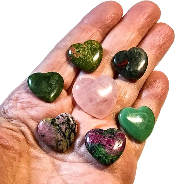 Heart Chakra Crystal Hearts, Set of 7 Heart Chakra Aligned Healing Crystals, High Energy Pocket Palm Stones with Premium Drawstring Storage/Travel Bag & Info Card, Reiki Enhanced