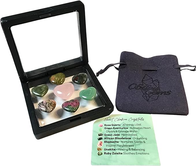 Heart Chakra Crystal Hearts, Set of 7 Heart Chakra Aligned Healing Crystals, High Energy Pocket Palm Stones with Premium Drawstring Storage/Travel Bag & Info Card, Reiki Enhanced