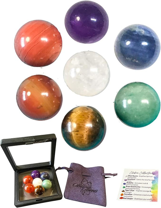 7 Chakra Gemstone Spheres 0.8 Inch (20mm) High Energy Palm Pocket Healing Crystal Ball Carvings with Premium Storage/Travel Bag & Information Card, Reiki Enhanced