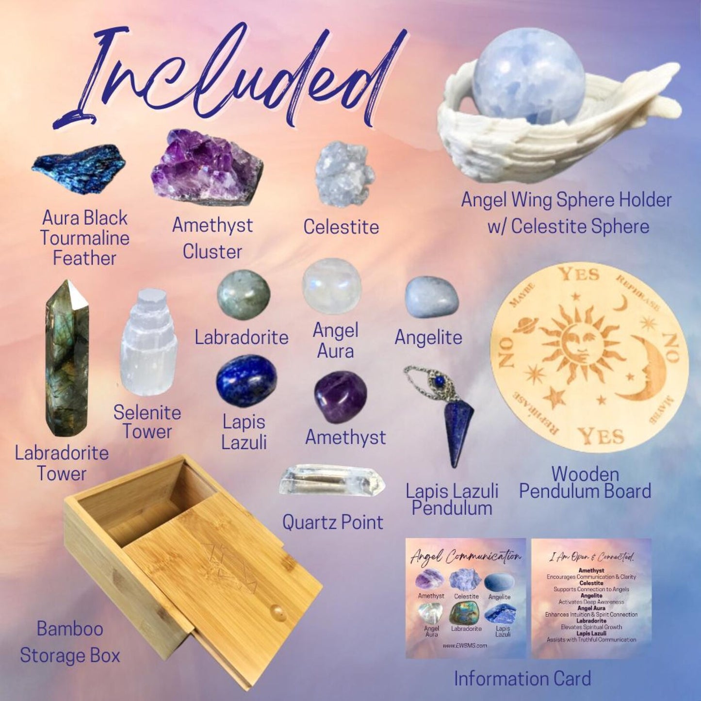 Angel Communication High Energy Crystal Set with Premium Bamboo Box, Information and Mantra Card, Reiki Enhanced