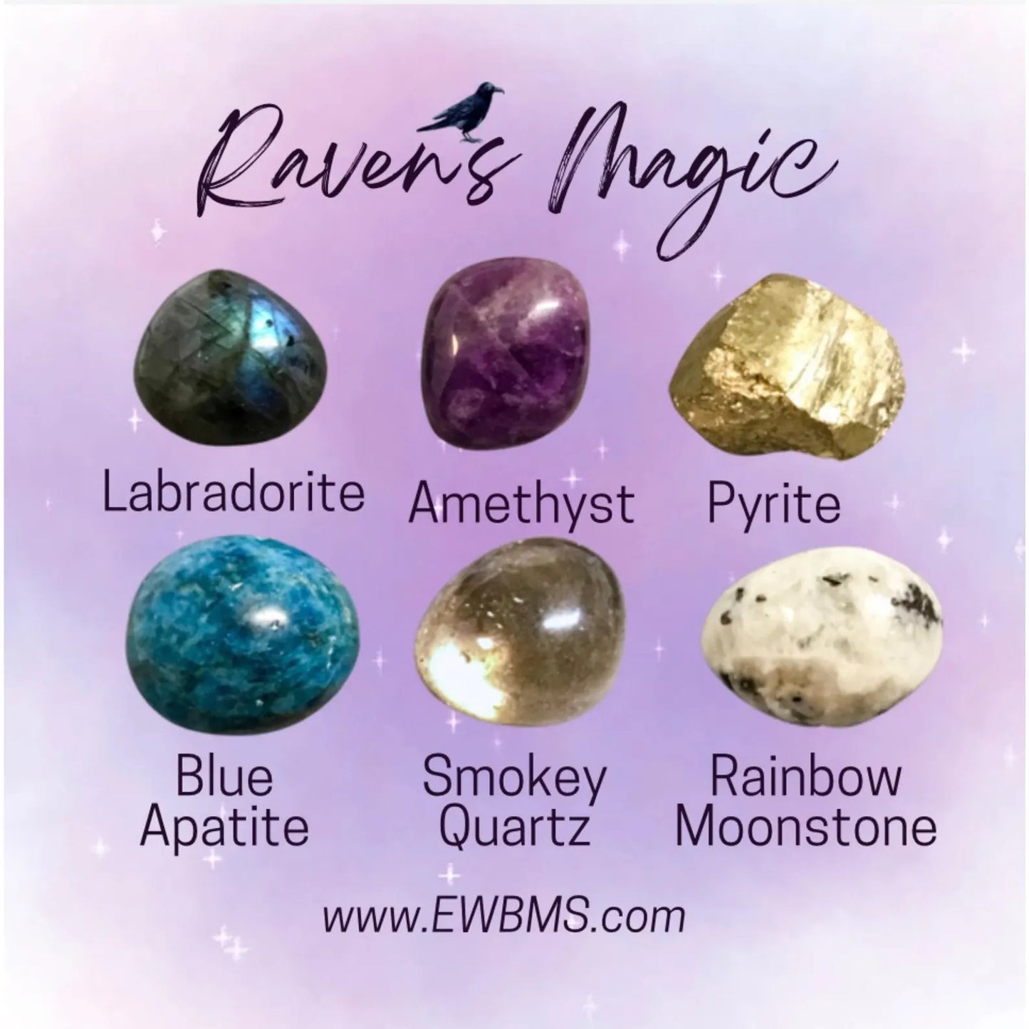 Raven's Magic Crystal Set with Premium Bamboo Box, Information and Mantra Card, Reiki Enhanced