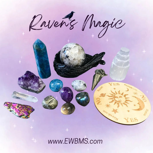 Raven's Magic Crystal Set with Premium Bamboo Box, Information and Mantra Card, Reiki Enhanced