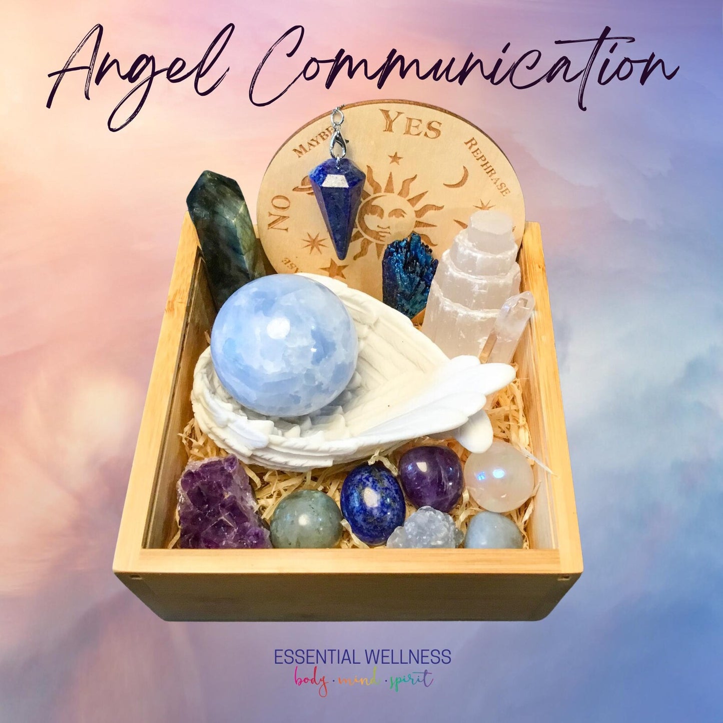 Angel Communication High Energy Crystal Set with Premium Bamboo Box, Information and Mantra Card, Reiki Enhanced