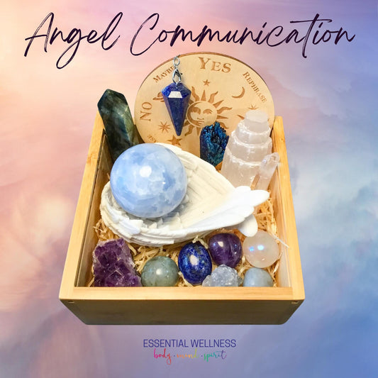 Angel Communication High Energy Crystal Set with Premium Bamboo Box, Information and Mantra Card, Reiki Enhanced