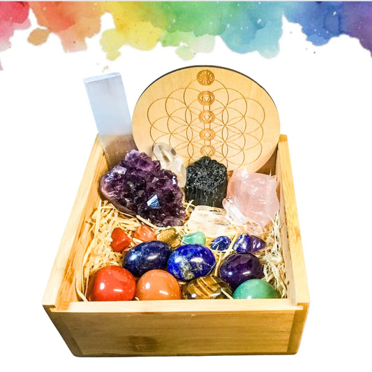 Chakra Crystal Set with 26 High Energy Stones plus Crystal Grid Board, Premium Bamboo Box, Crystal Info Card, and Pouch - Reiki Enhanced