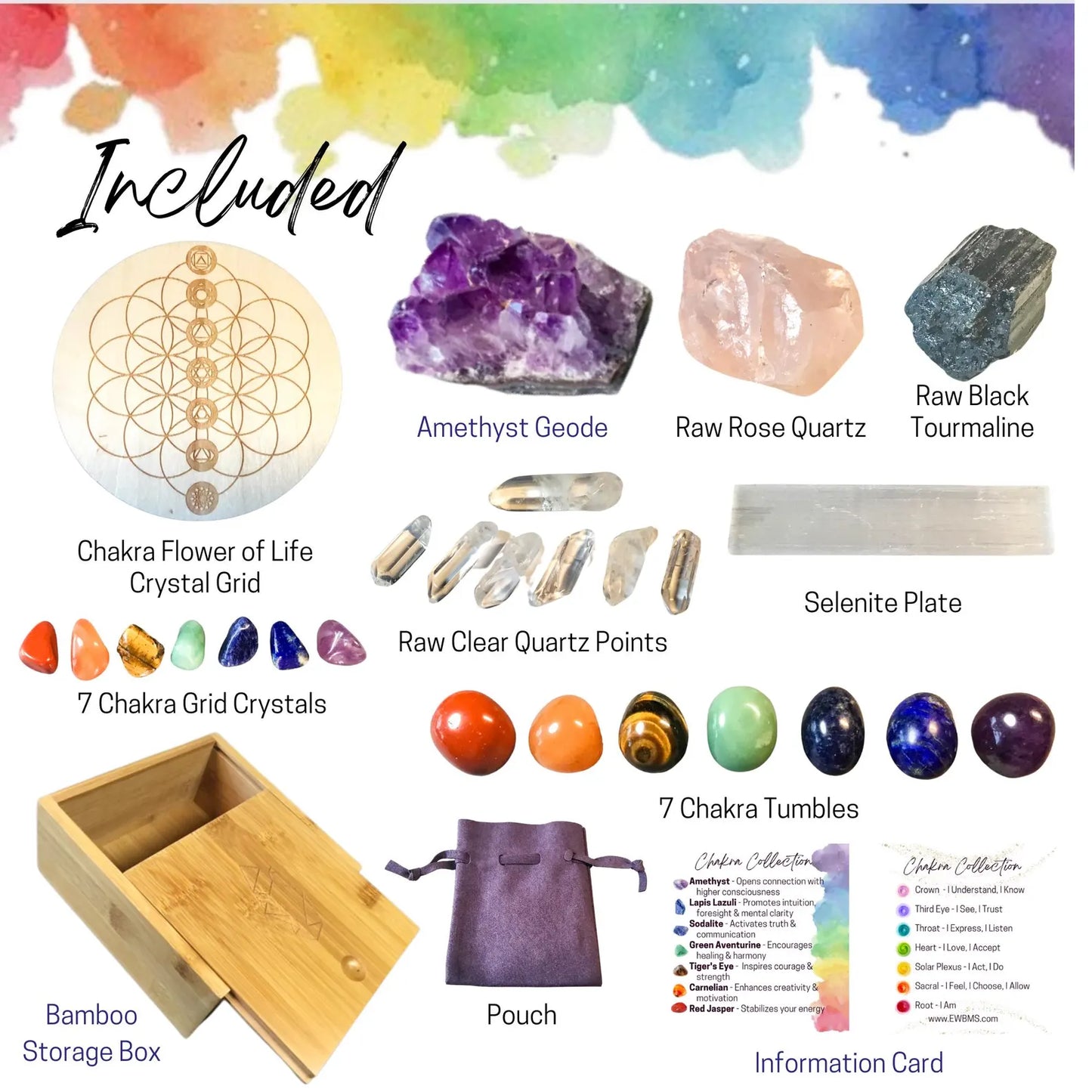 Chakra Crystal Set with 26 High Energy Stones plus Crystal Grid Board, Premium Bamboo Box, Crystal Info Card, and Pouch - Reiki Enhanced