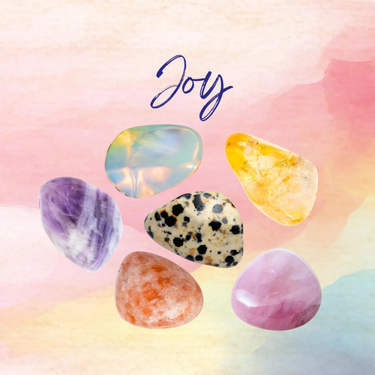 Manifest Joy Intention Crystal Set - 2 Sizes - with Information and Mantra Card plus Display Frame, Reiki Enhanced