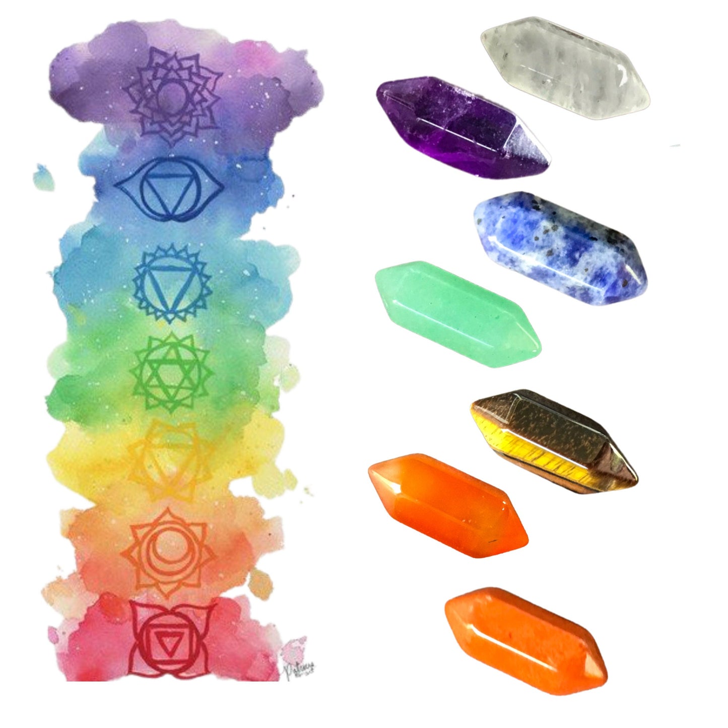 CHAKRA SET Mini Double Terminated Crystals - Grid Crystals - Healing Crystals - Tiny Carved Gemstones - Orgonite Crystals