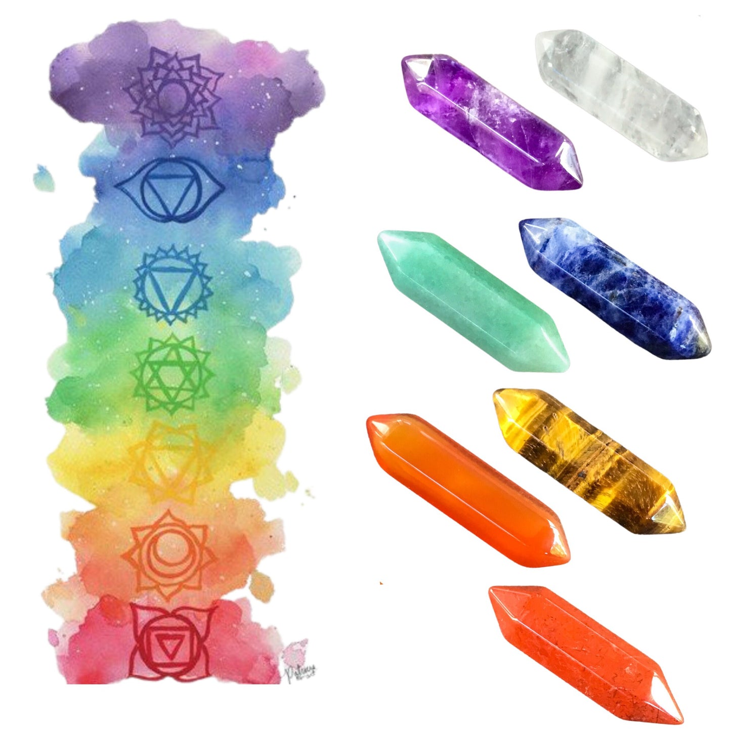 CHAKRA SET Small Double Terminated Crystals - Grid Crystals - Healing Crystals - Tiny Carved Gemstones - Orgonite Crystals