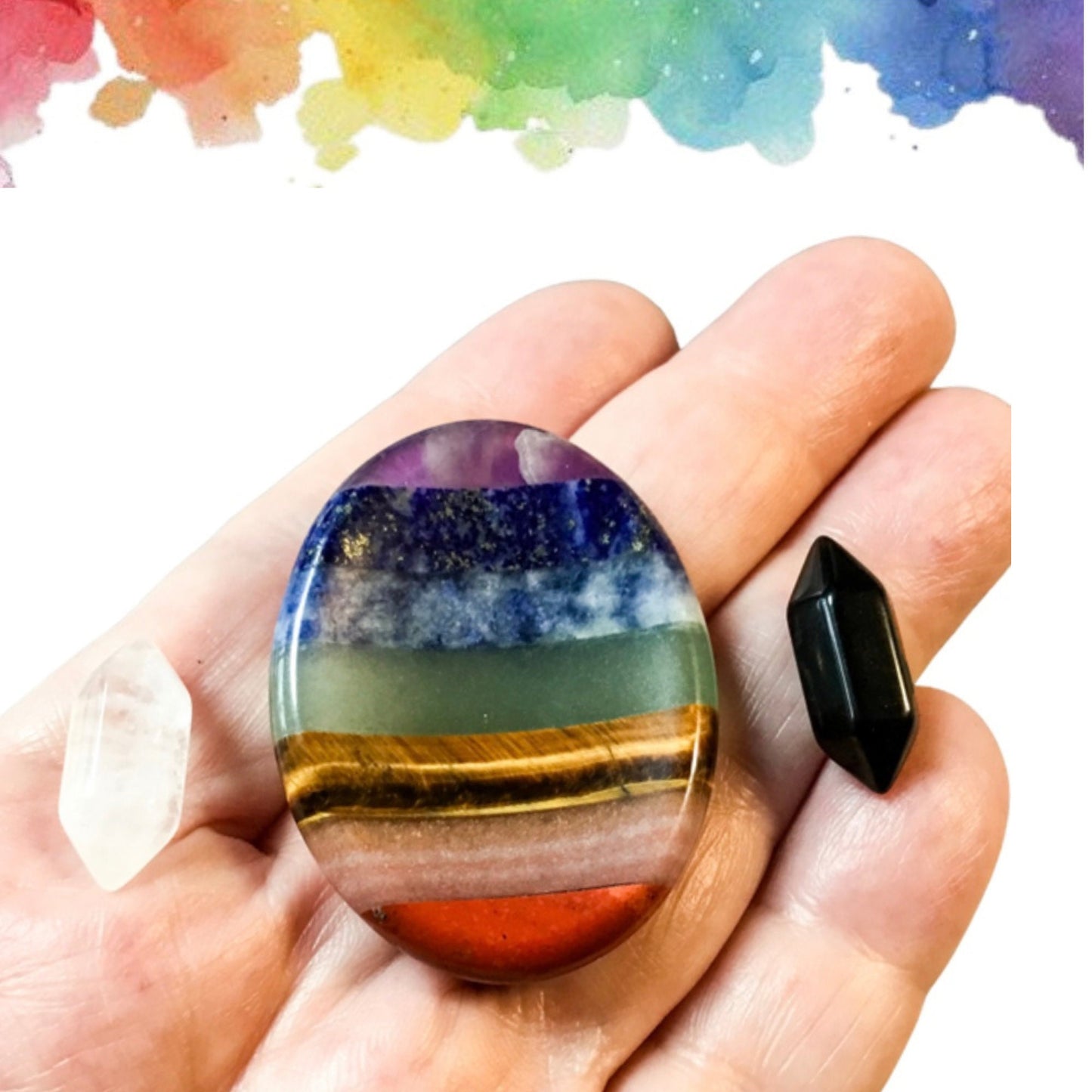 7 Chakra Worry Stone Set with Amplifying and Grounding Double Point Healing Crystals, Info Card with Affirmations and Display/Storage Case