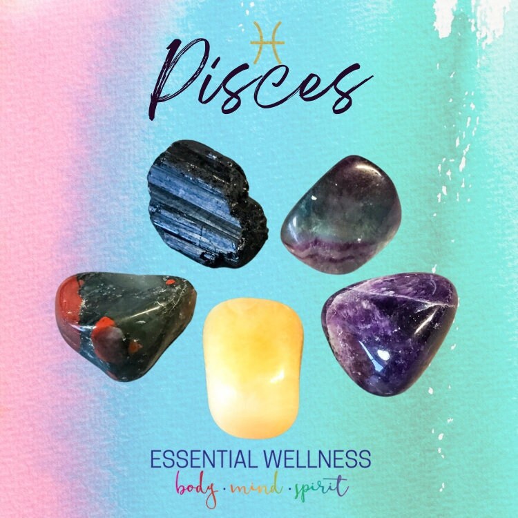 Pisces Energy Crystal Set - Healing Crystals & Stones - 2 Sizes - with Information and Mantra Card plus Display Frame, Reiki Enhanced