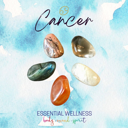 Cancer Energy Crystal Set - Healing Crystals & Stones - 2 Sizes - with Information and Mantra Card plus Display Frame, Reiki Enhanced