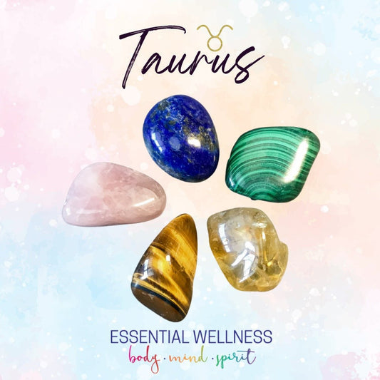 Taurus Energy Crystal Set - Healing Crystals & Stones - 2 Sizes - with Information and Mantra Card plus Display Frame, Reiki Enhanced