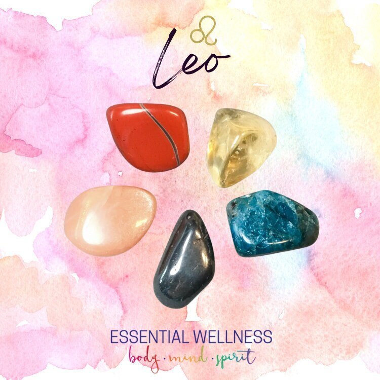 Leo Energy Crystal Set - Healing Crystals & Stones - 2 Sizes - with Information and Mantra Card plus Display Frame, Reiki Enhanced