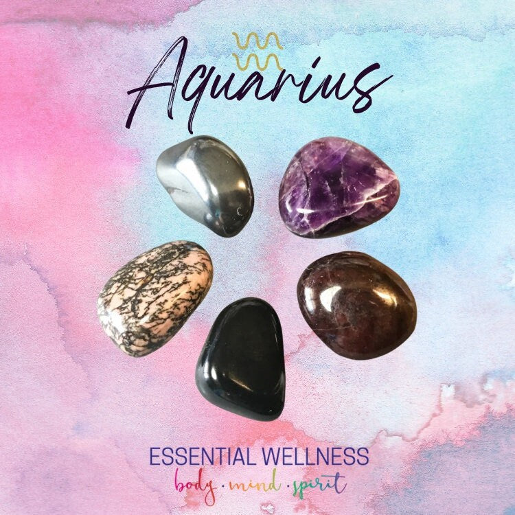 Aquarius Energy Crystal Set - Healing Crystals & Stones - 2 Sizes - with Information and Mantra Card plus Display Frame, Reiki Enhanced