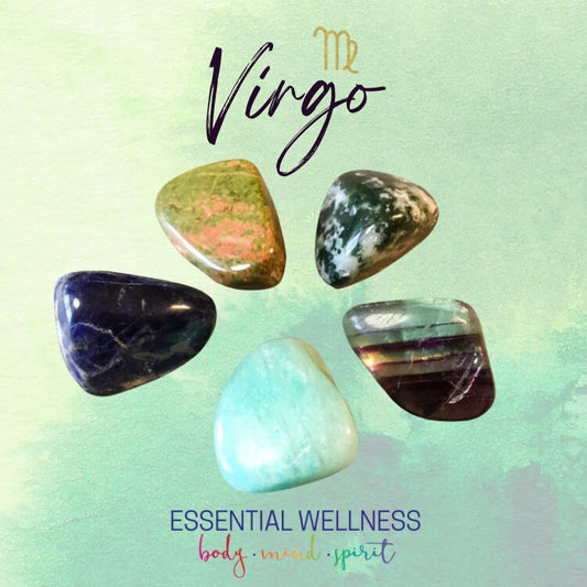 Virgo Energy Crystal Set - Healing Crystals & Stones - 2 Sizes - with Information and Mantra Card plus Display Frame, Reiki Enhanced