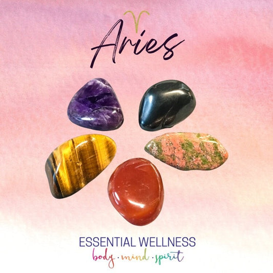 Aries Energy Crystal Set - Healing Crystals & Stones - 2 Sizes - with Information and Mantra Card plus Display Frame, Reiki Enhanced