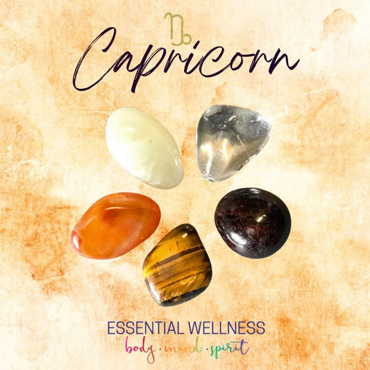 Capricorn Energy Crystal Set - Healing Crystals & Stones - 2 Sizes - with Information and Mantra Card plus Display Frame, Reiki Enhanced