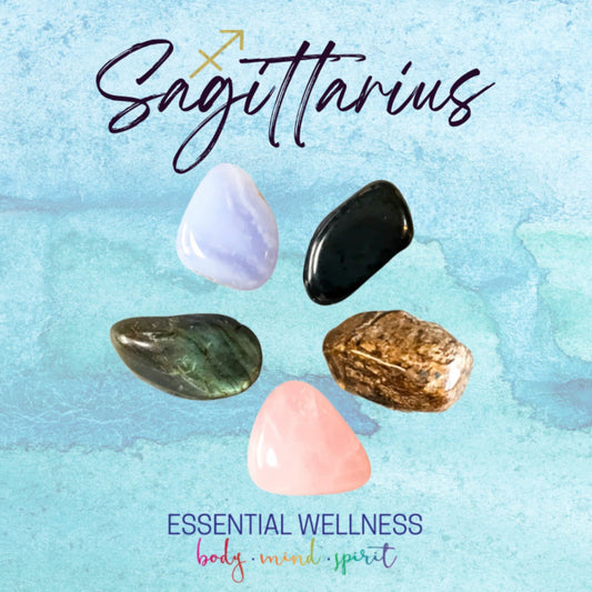 Sagittarius Energy Crystal Set - Healing Crystals & Stones - 2 Sizes - with Information and Mantra Card plus Display Frame, Reiki Enhanced