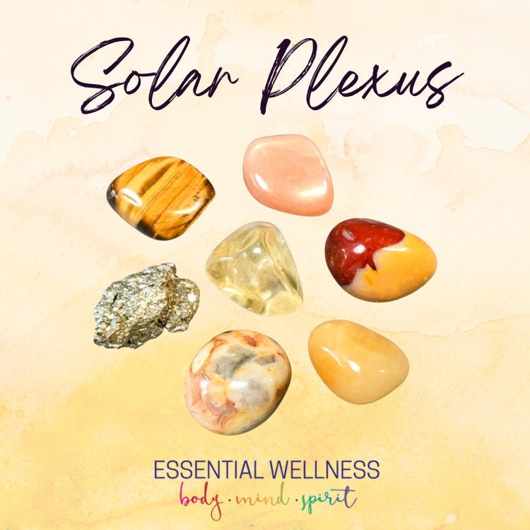 Solar Plexus Chakra Crystal Set for Solar Plexus Chakra Support - 2 Sizes - with Information and Mantra Card, Display Frame, Reiki Enhanced