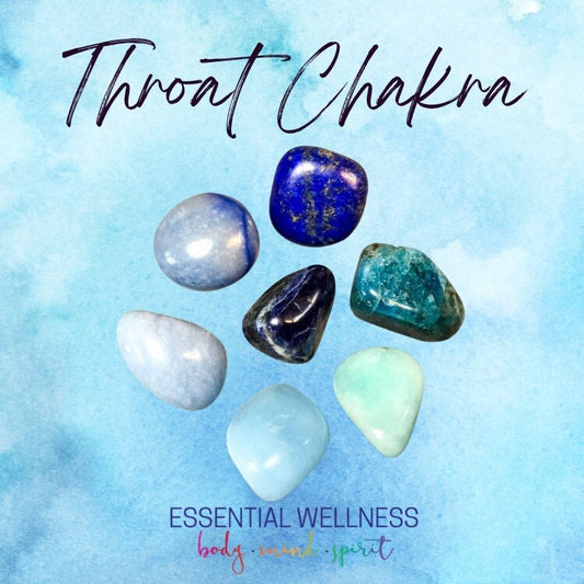 Throat Chakra Crystal Set for Throat Chakra Support - 2 Sizes - with Information and Mantra Card plus Display Frame, Reiki Enhanced