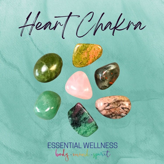 Heart Chakra Crystal Set - Healing Crystals & Stones - 2 Sizes - with Information and Mantra Card plus Display Frame, Reiki Enhanced