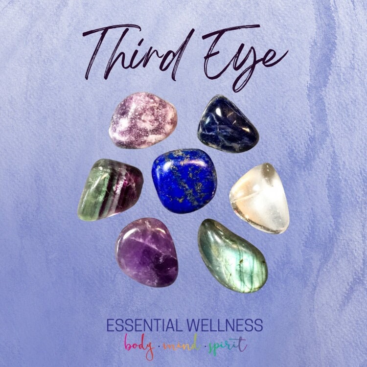 Third Eye Crystal Set for Third Eye Chakra Support with Information and Mantra Card plus Display Frame, Reiki Enhanced