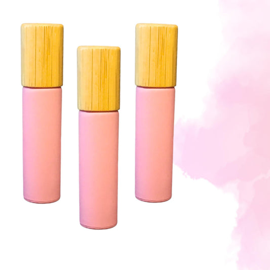 Matte Pink Glass Roller Bottle with Bamboo Cap • 5ml or 10ml Essential Oil Roller • Glass or Stainless Rollerball • Refillable