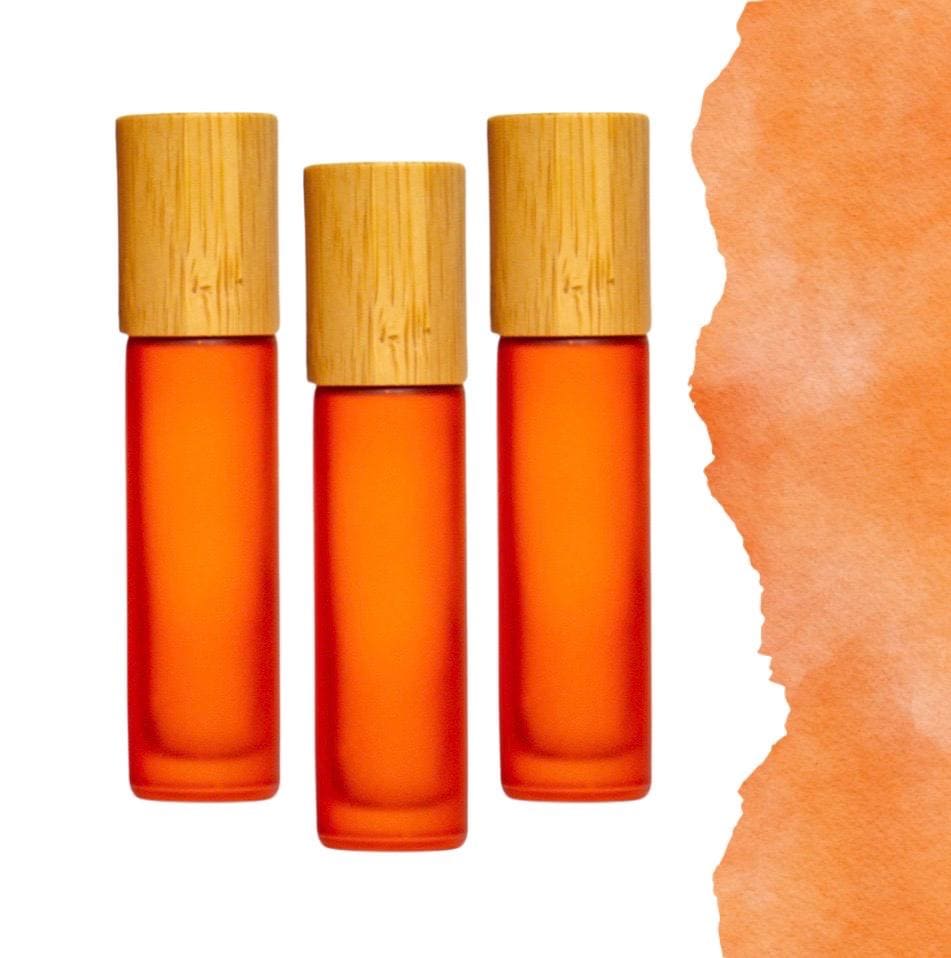 Frosted Orange Glass Roller Bottle with Bamboo Cap • 5ml or 10ml Essential Oil Roller • Glass or Stainless Rollerball • Refillable