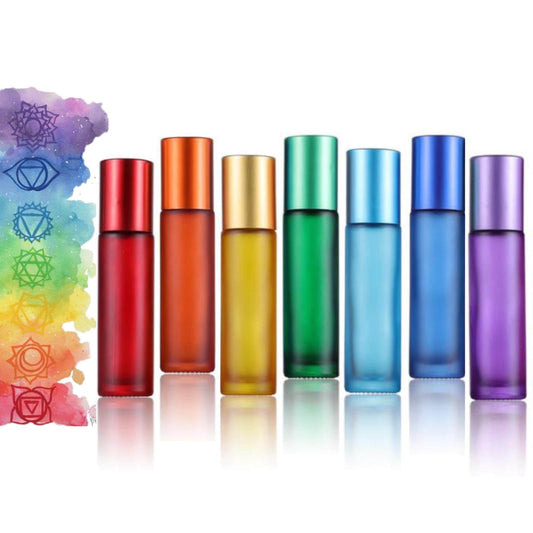 Chakra Roller Bottle Set, Frosted Rainbow Bottles,  Matching Caps, Gemstone Rollerballs, Set or Singles, Reiki Charged, 5ml or 10ml