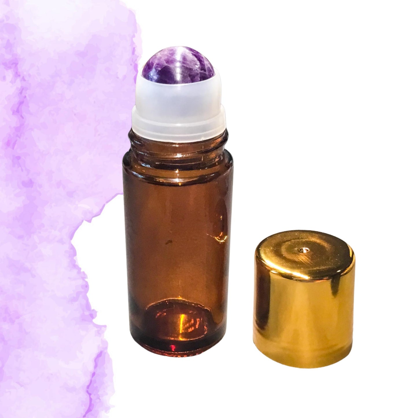 50ml Amber Glass AMETHYST Gemstone Rollerball Bottle with Shiny Gold Cap - Perfect for Essential Oils, Skin Care, & Crystal Aromatherapy.