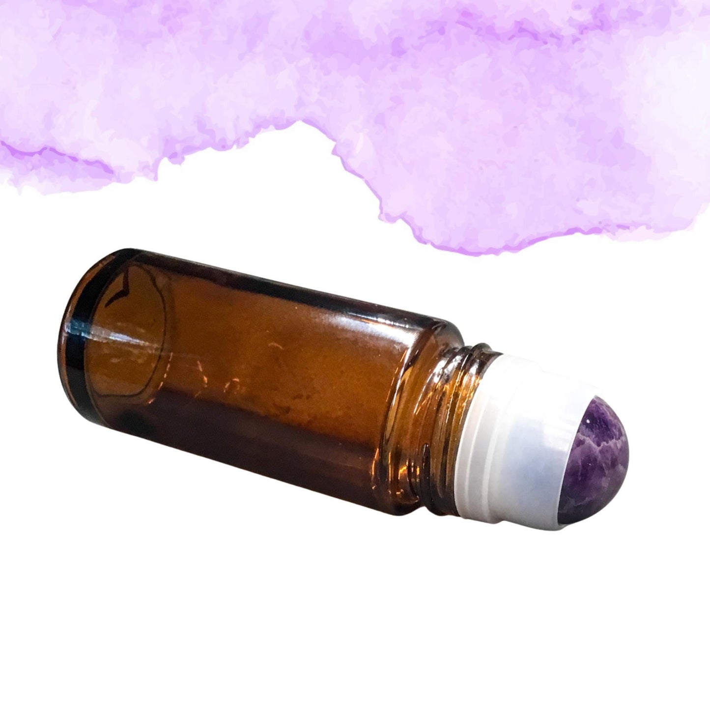50ml Amber Glass AMETHYST Gemstone Rollerball Bottle with Shiny Black Cap - Perfect for Essential Oils, Skin Care, & Crystal Aromatherapy.