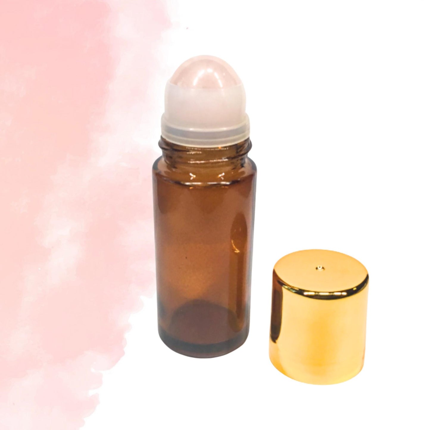 50ml Amber Glass ROSE QUARTZ Gemstone Rollerball Bottle with Shiny Gold Cap - Perfect for Essential Oils, Skin Care, & Crystal Aromatherapy.
