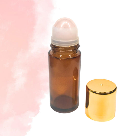 50ml Amber Glass ROSE QUARTZ Gemstone Rollerball Bottle with Shiny Gold Cap - Perfect for Essential Oils, Skin Care, & Crystal Aromatherapy.