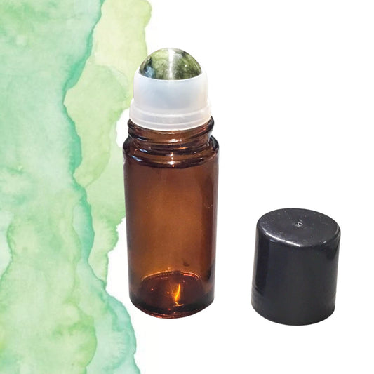 50ml Amber Glass GREEN JADE Gemstone Rollerball Bottle with Black Cap - Perfect for Essential Oils, Skin Care, & Crystal Aromatherapy.
