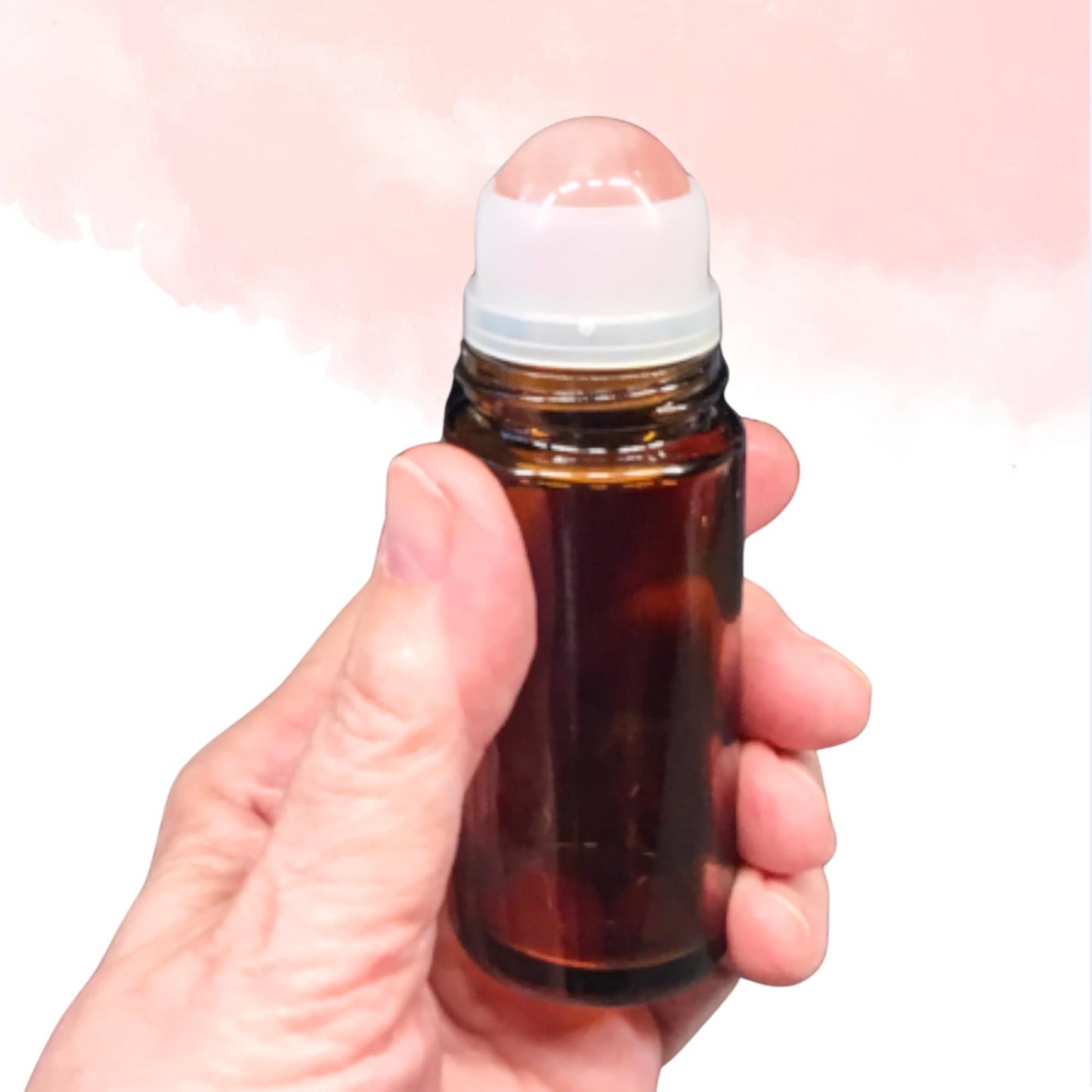 50ml Amber Glass ROSE QUARTZ Gemstone Rollerball Bottle with Black Cap - Perfect for Essential Oils, Skin Care, & Crystal Aromatherapy.